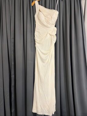 bebe One-Shoulder Cream Ruched Evening Gown